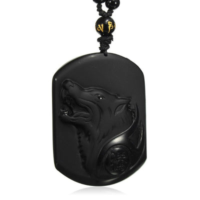 Natural Black Obsidian Carving Wolf Head Amulet
