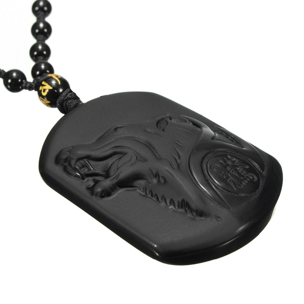 Natural Black Obsidian Carving Wolf Head Amulet